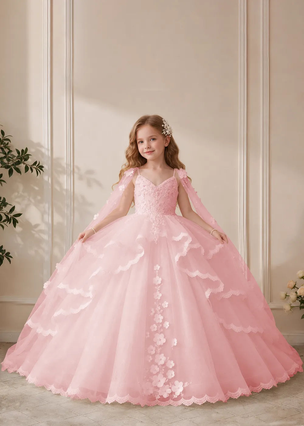 White Flower Girl Dress with Lace Ruffles and Sheer Shoulder Drapes