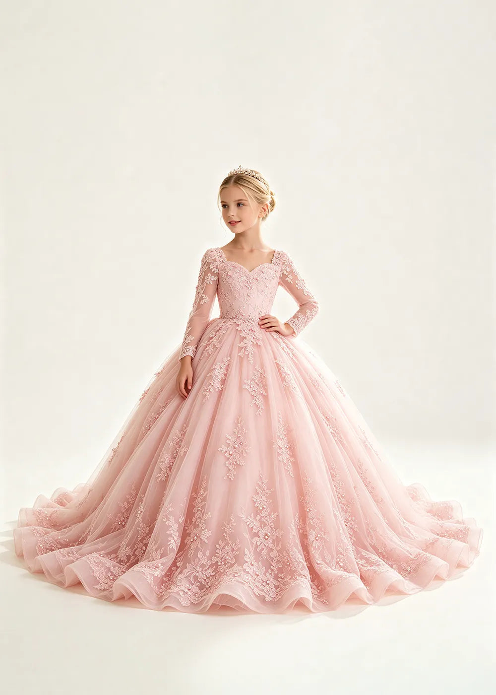 Flower Girl Dress with Long Lace Sleeves and Train