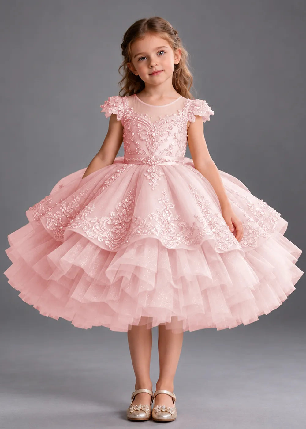 Gold Knee-Length Flower Girl Dress with Scalloped Lace Overlay