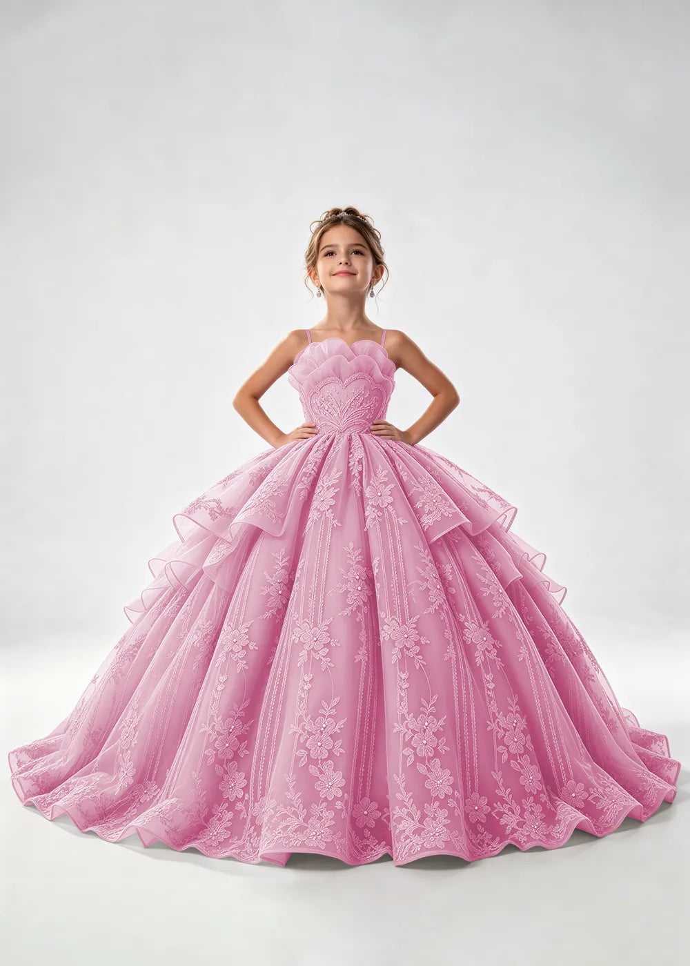 Flower girl dress in Pink, front view.