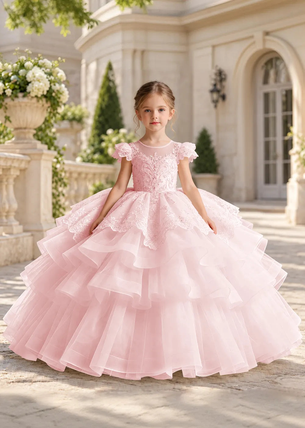 White Flower Girl Ball Gown with Scalloped Lace and Tiered Ruffles