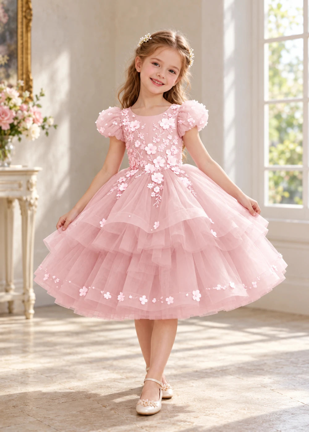 Pink Flower Girl Dress with Floral Trails and Ruffled Hem
