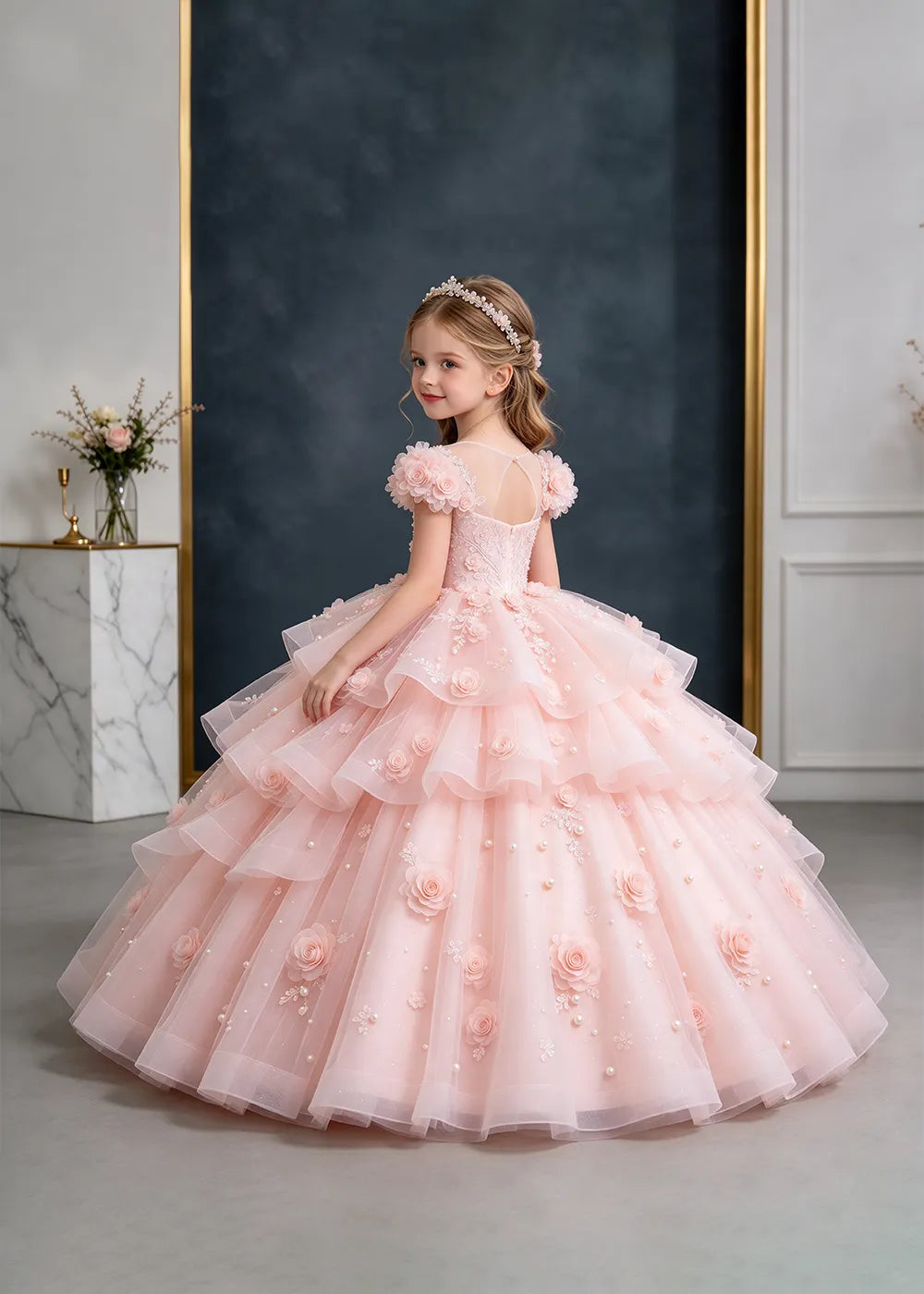 Pink Rose-Applique Flower Girl Ball Gown with Cascading Ruffles