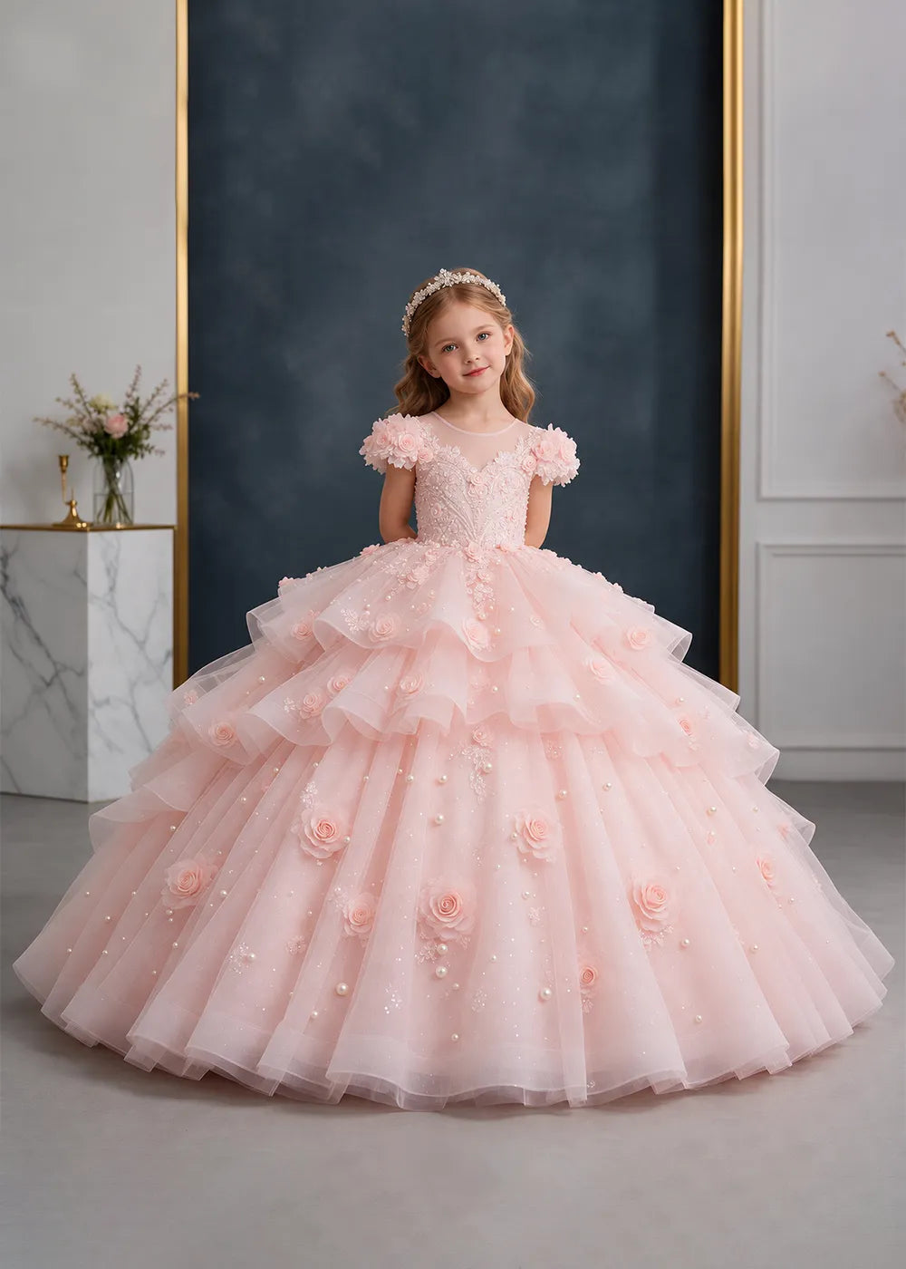 Pink Rose-Applique Flower Girl Ball Gown with Cascading Ruffles