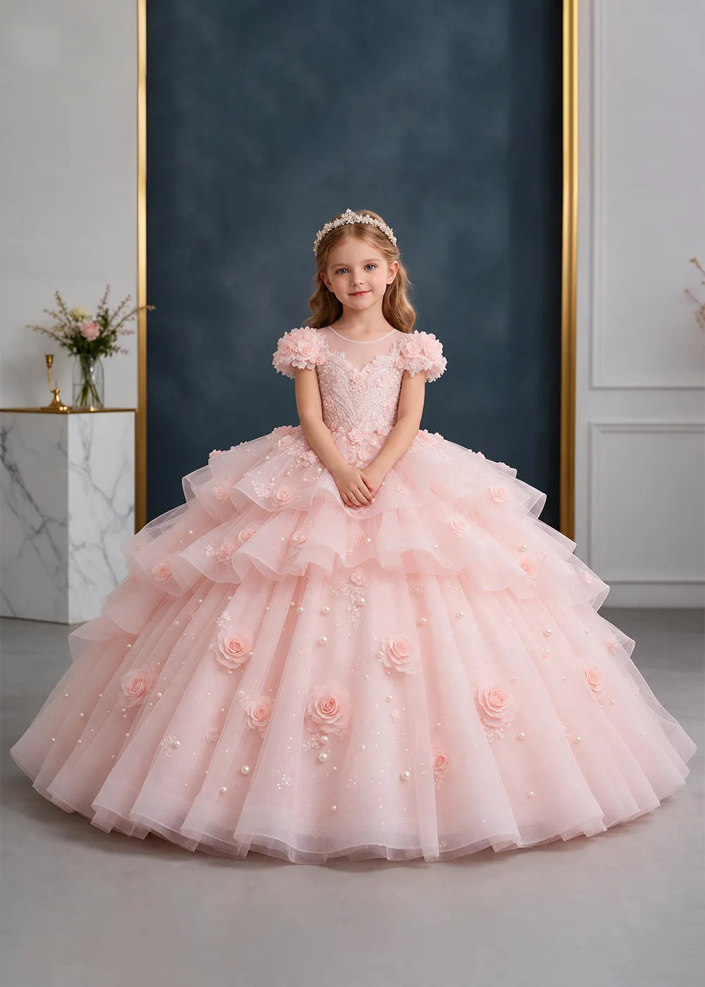 Pink Rose-Applique Flower Girl Ball Gown with Cascading Ruffles