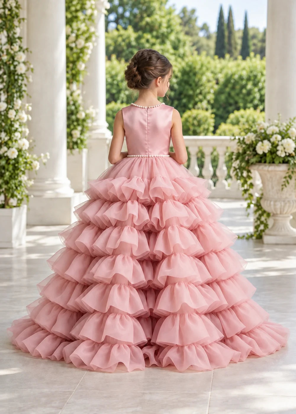 Pink Pearl-Trimmed Tiered Ruffle Flower Girl Dress