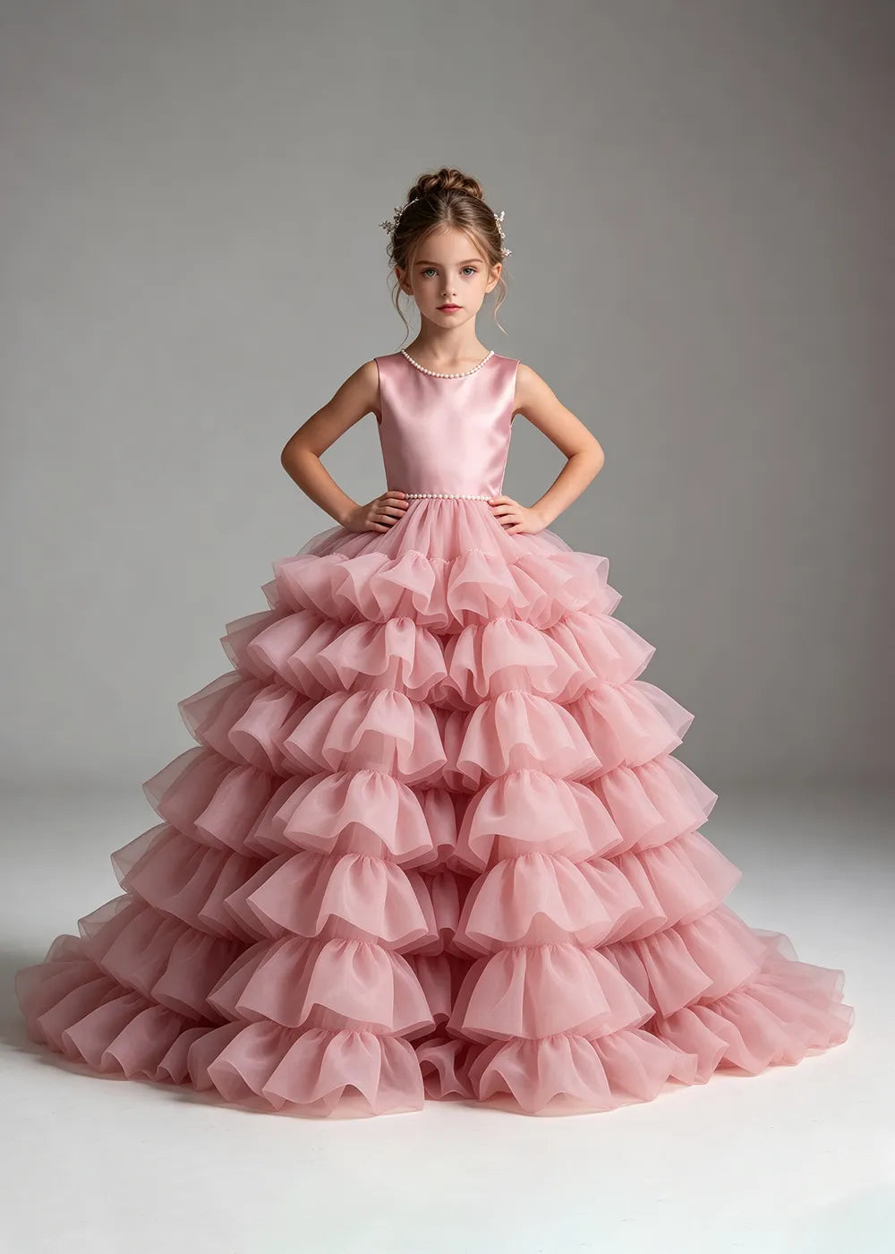 Pink Pearl-Trimmed Tiered Ruffle Flower Girl Dress