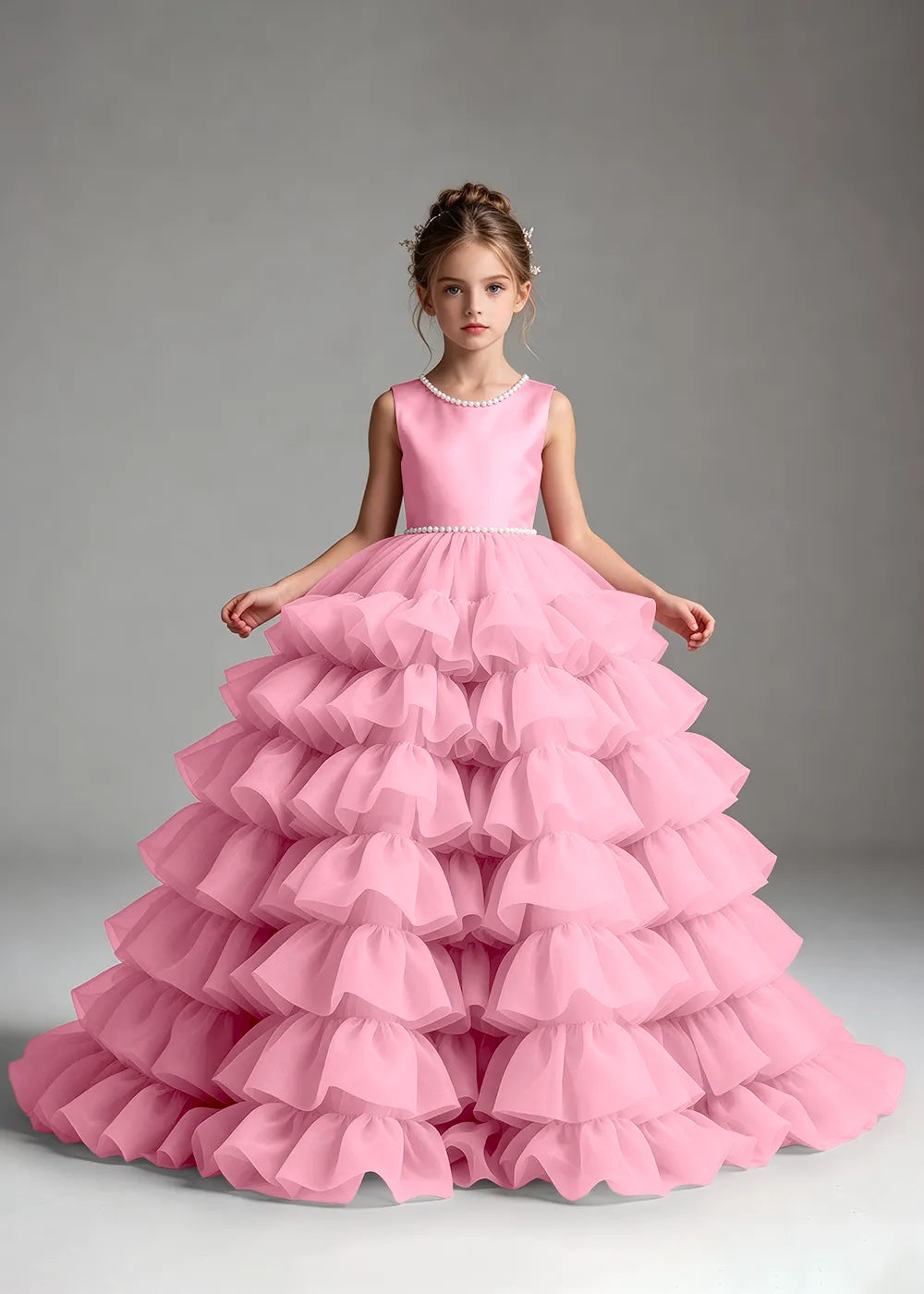 Pink Pearl-Trimmed Tiered Ruffle Flower Girl Dress
