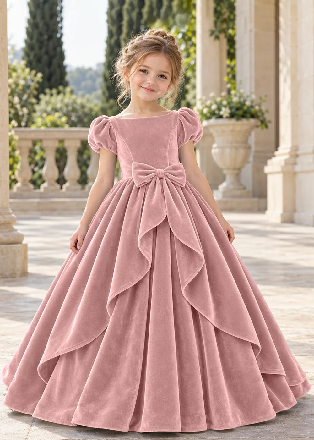 Front view of a child wearing a pink flower girl dress with a square neckline, short puff sleeves and a large velvet bow above a full tiered skirt.