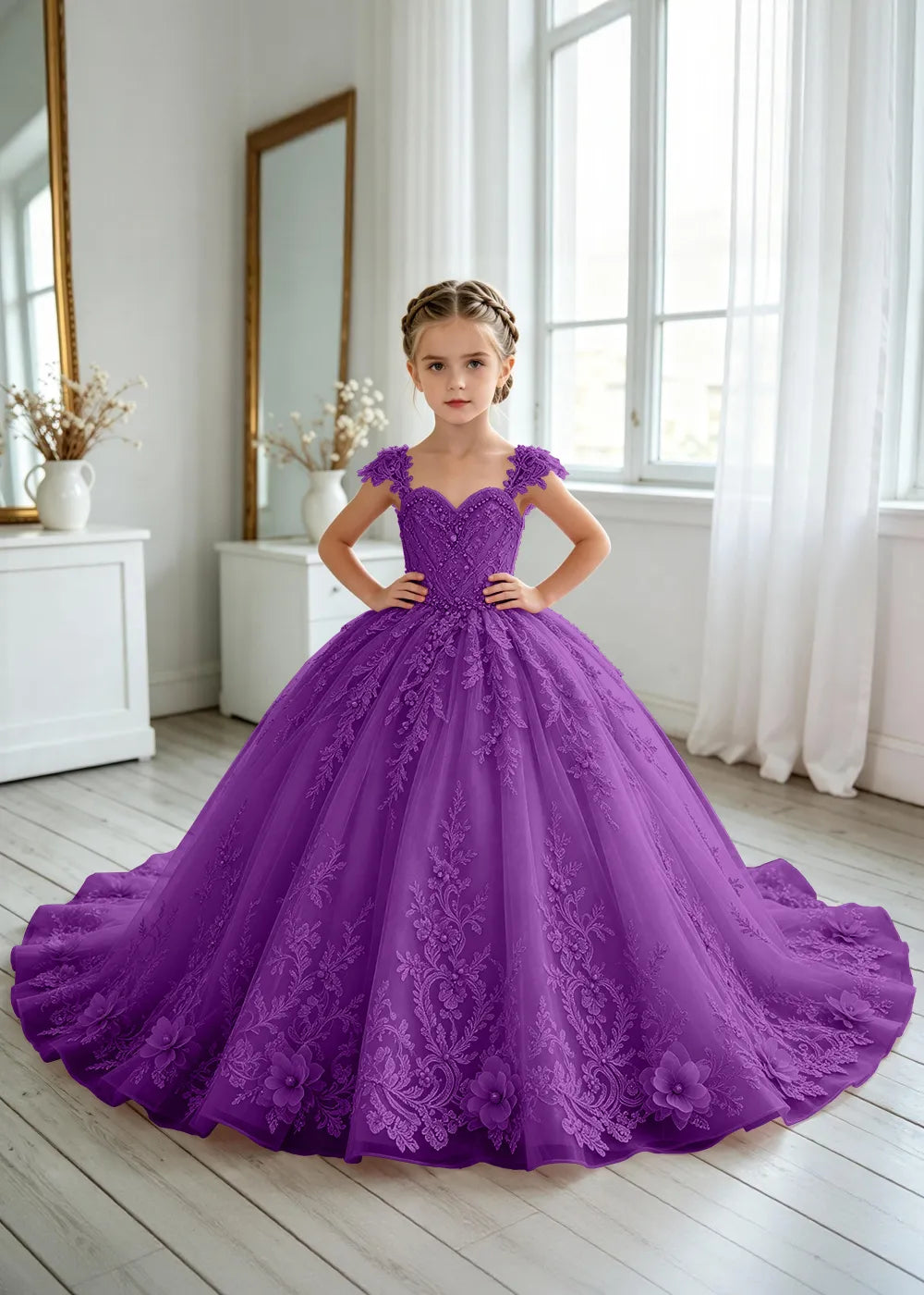 Floral V-Neck Lace Flower Girl Ball Gown Dress