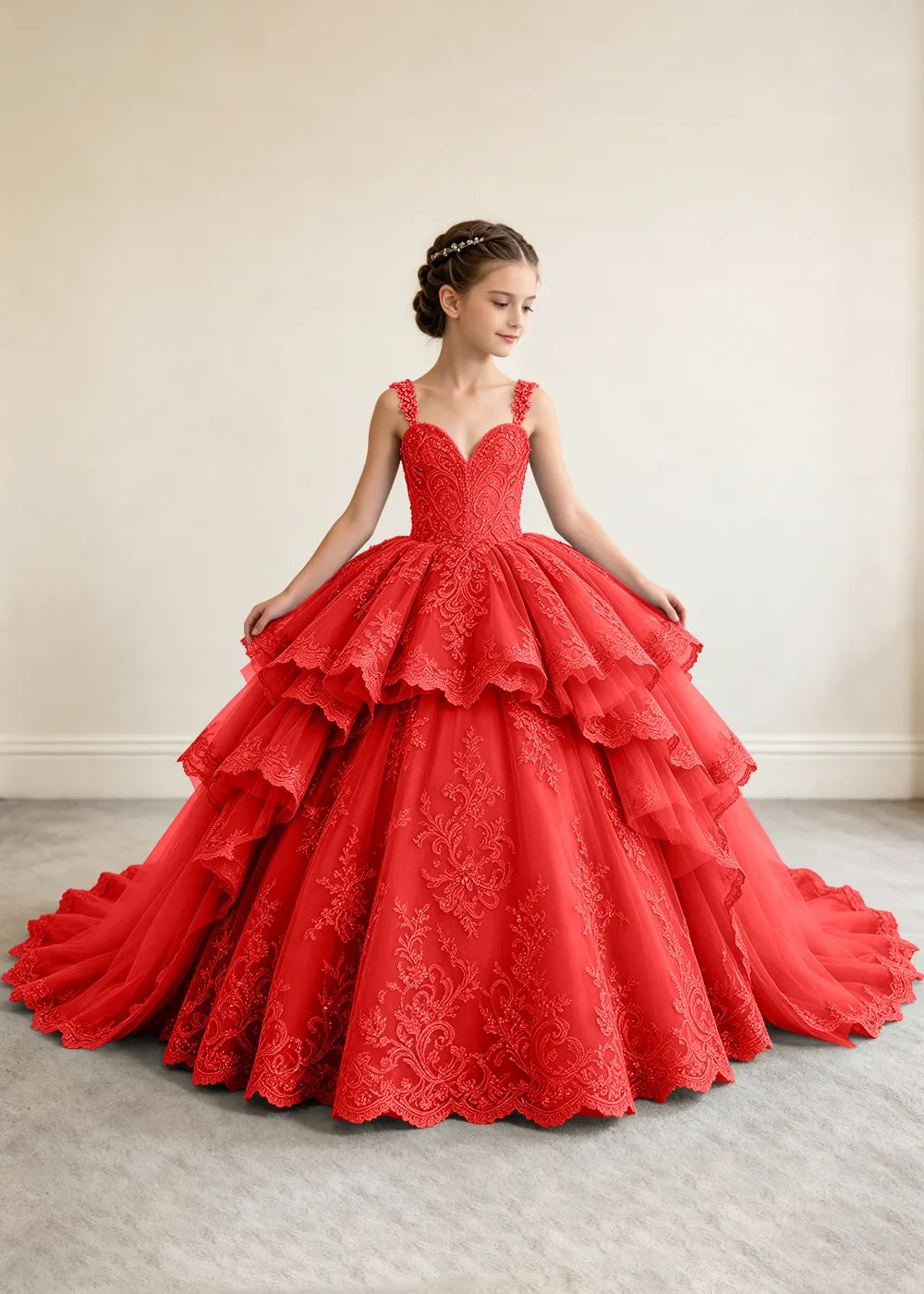 V-Neck Tiered Lace Princess Dress for Girls