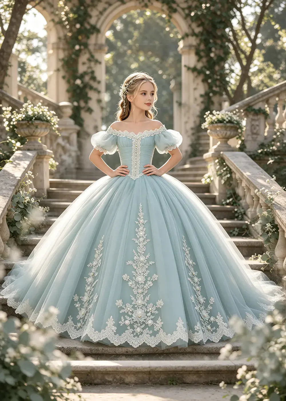 Flower girl dress in Powder Blue, front view.