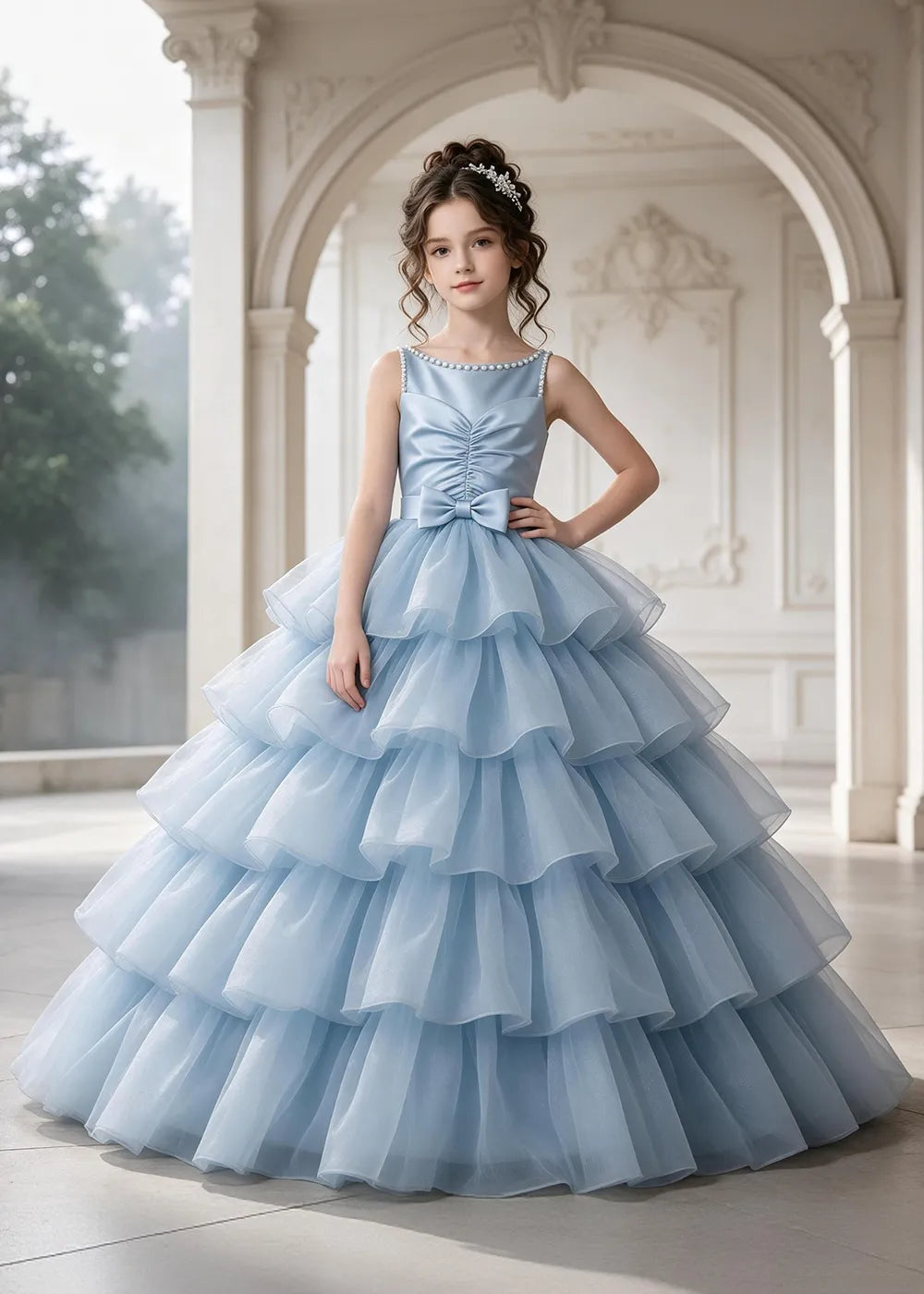 Flower girl dress in Powder Blue, front view.