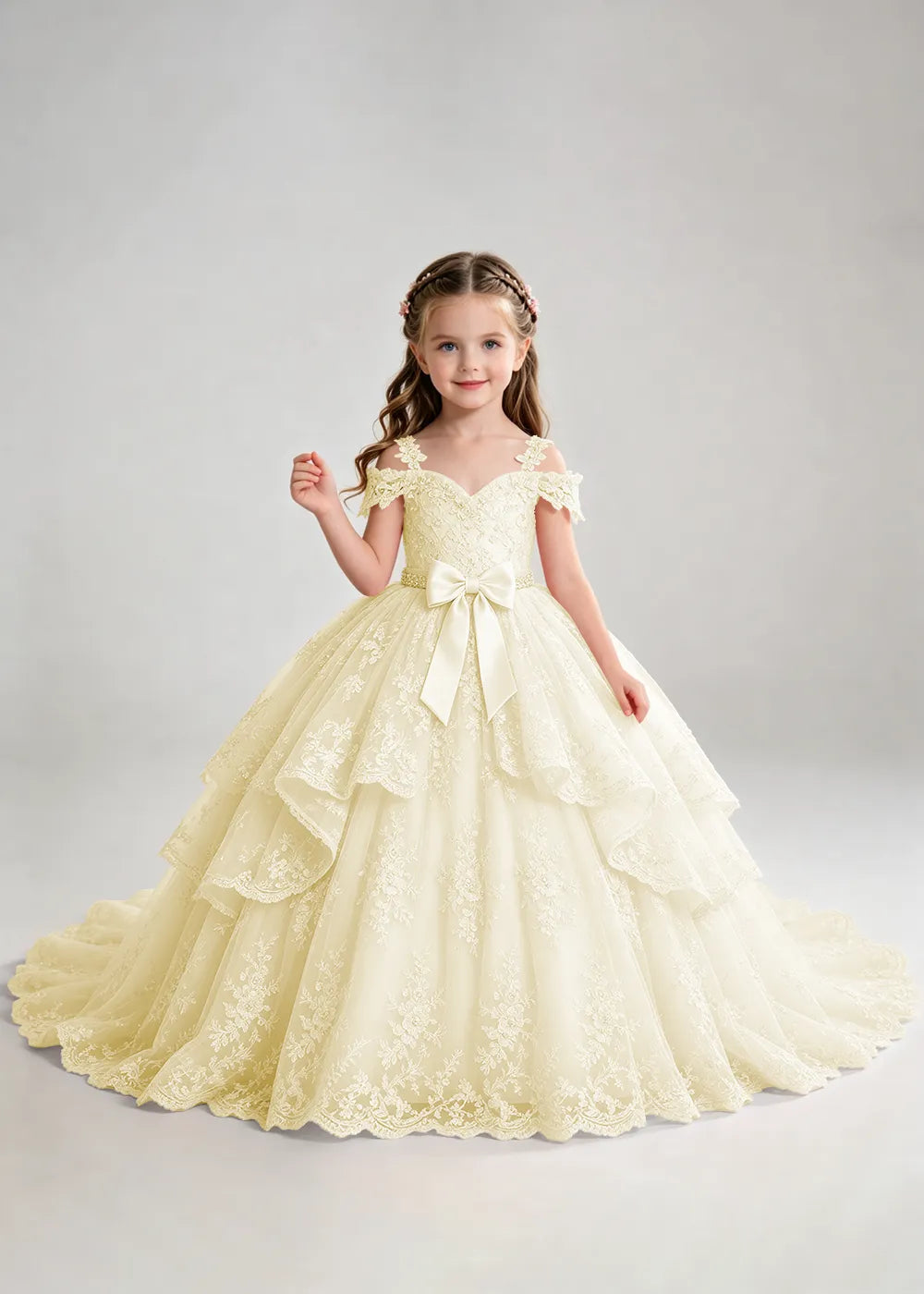 Bow Waist Floral Lace Princess Dress for Girls