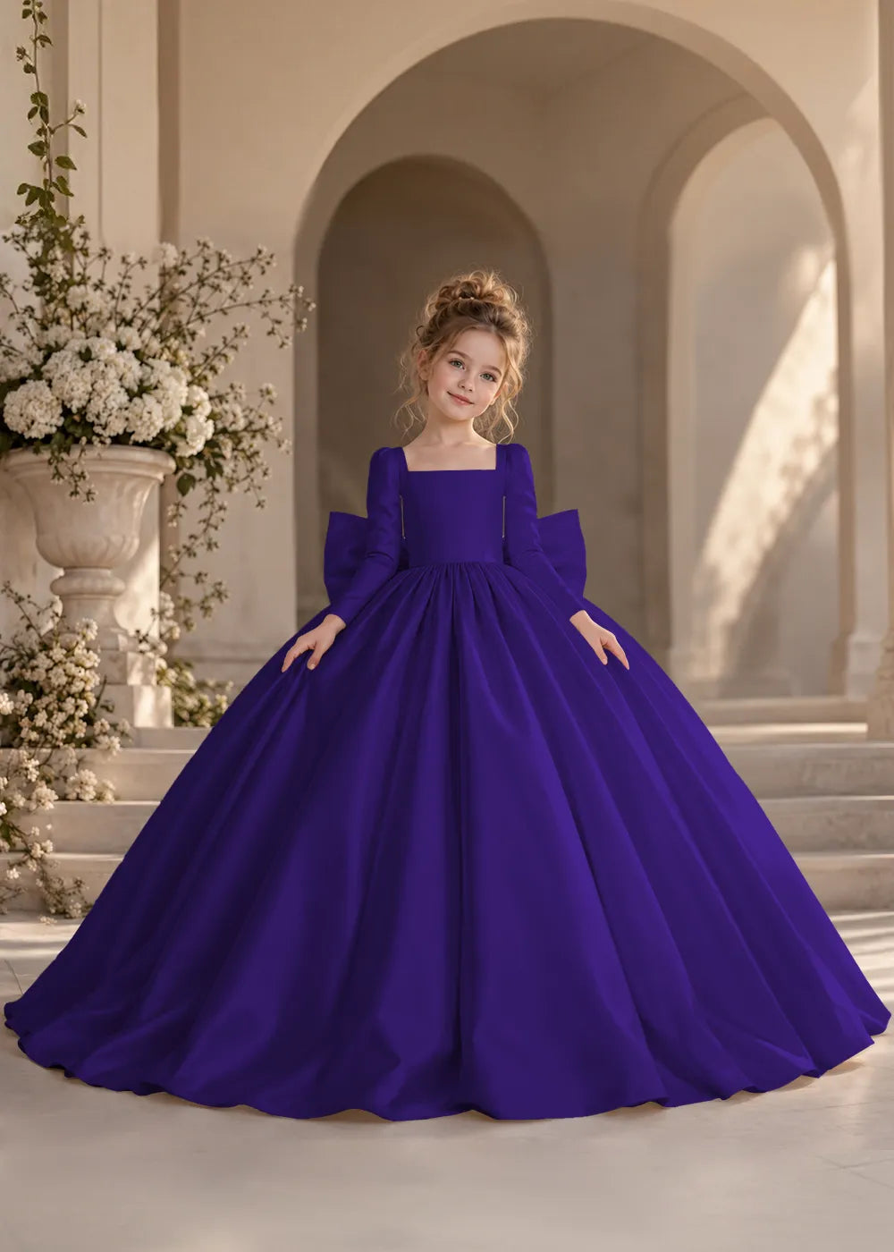 Dusty Blue Long-Sleeve Flower Girl Dress with a Full Skirt and Bow