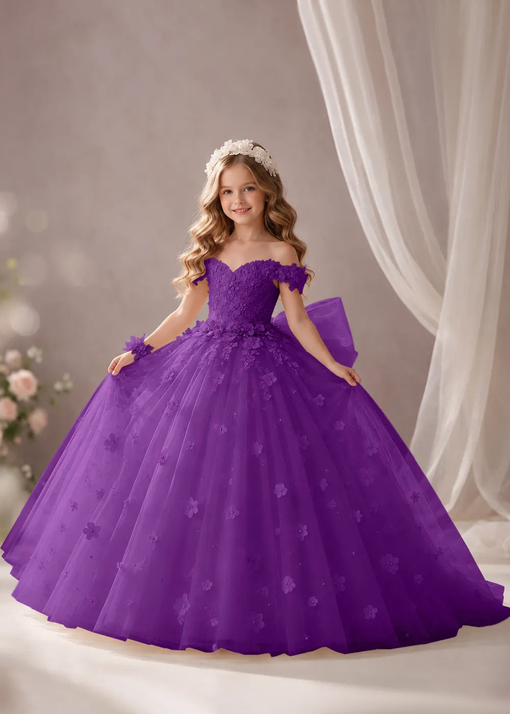 Ivory Flower Girl Dress with Off-Shoulder Florals and a Bow