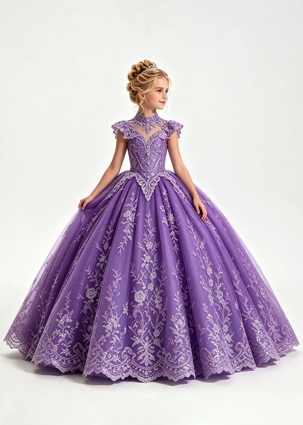 Navy Flower Girl Ball Gown with High Floral Collar