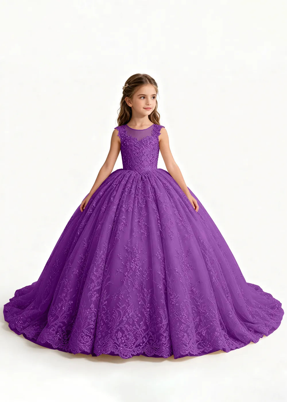 Navy Sleeveless Flower Girl Gown with Scalloped Train