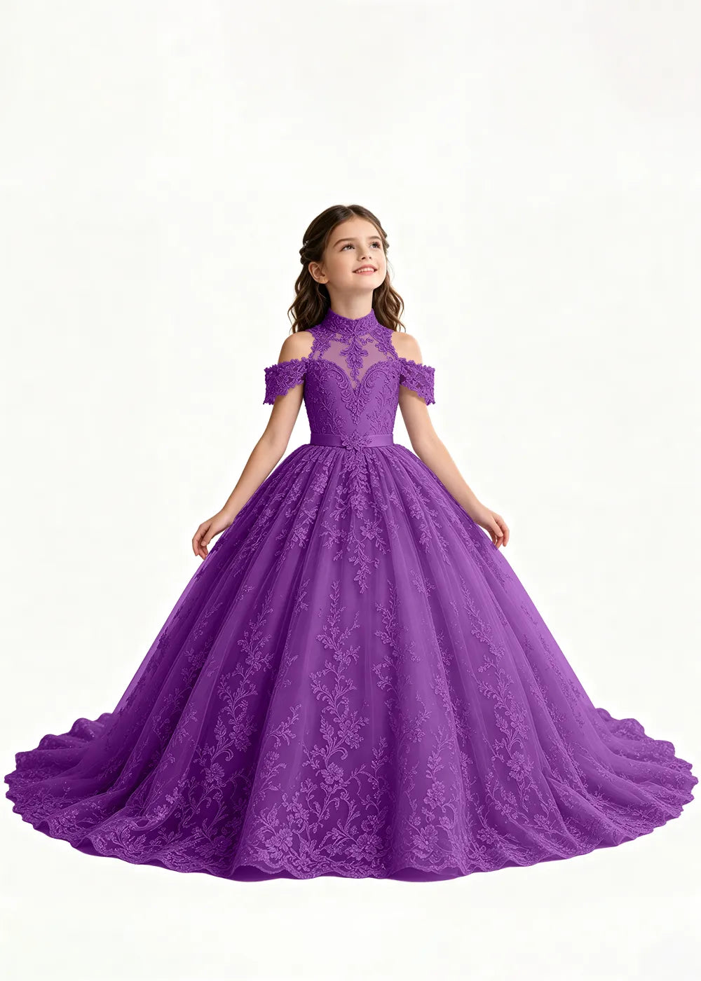 Navy Floral Flower Girl Gown with Open Shoulders