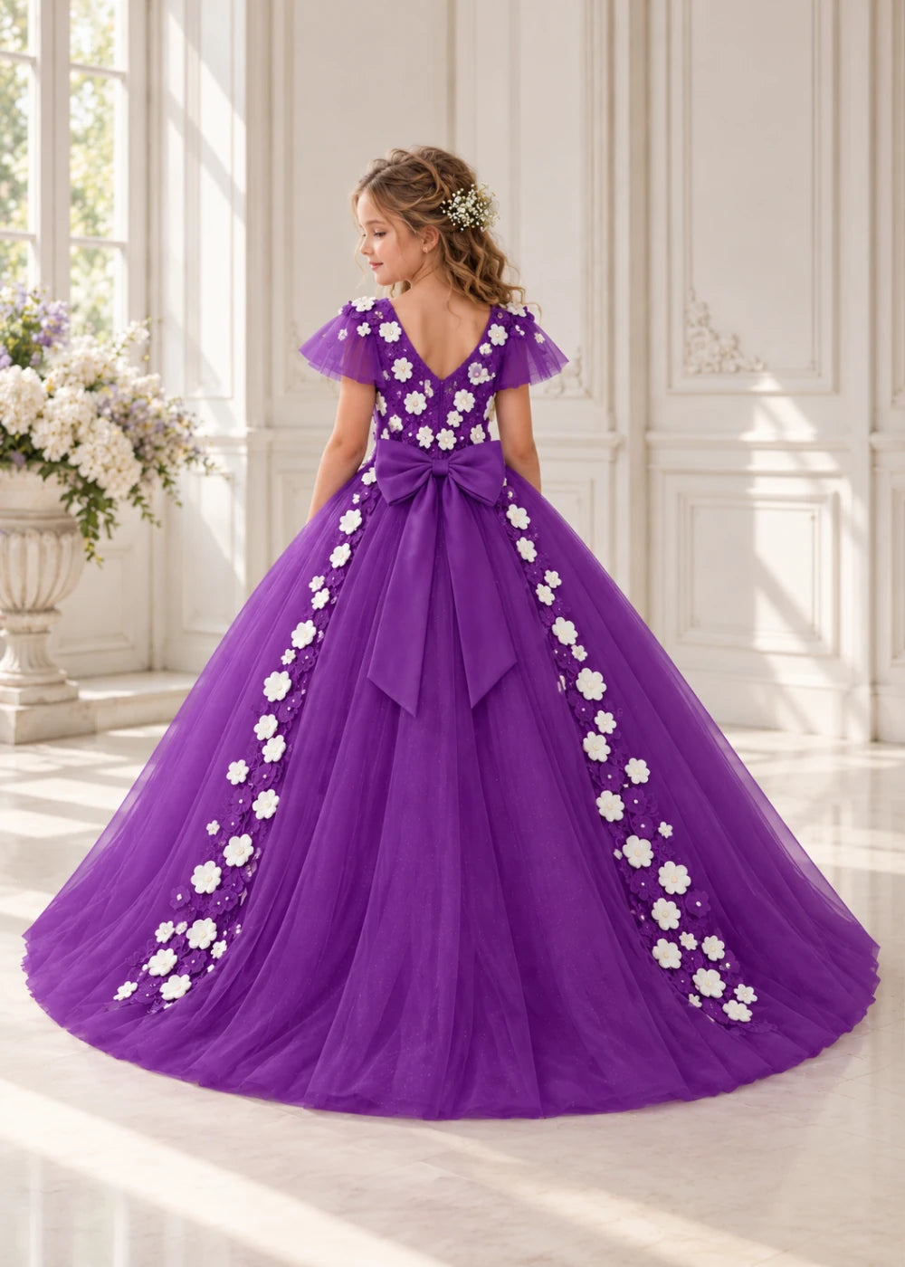 Rear view of a child wearing a purple flower girl dress with a round neckline, sheer flutter cap sleeves and a floral vine cascading down both sides of a full tulle skirt.