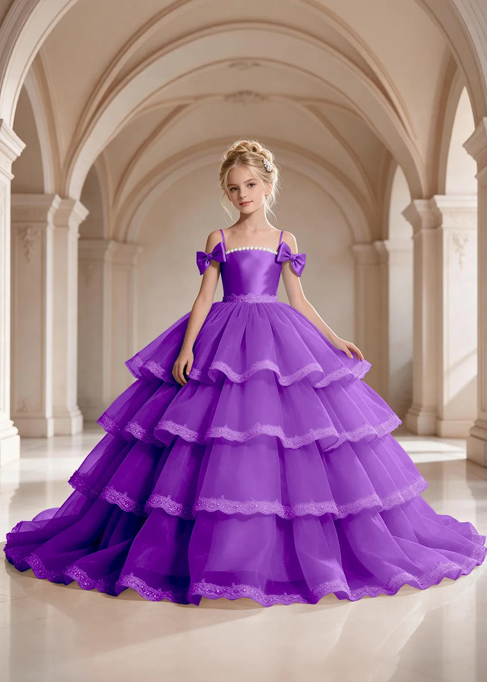 Navy Blue Four-Tier Bow-Shoulder Flower Girl Dress