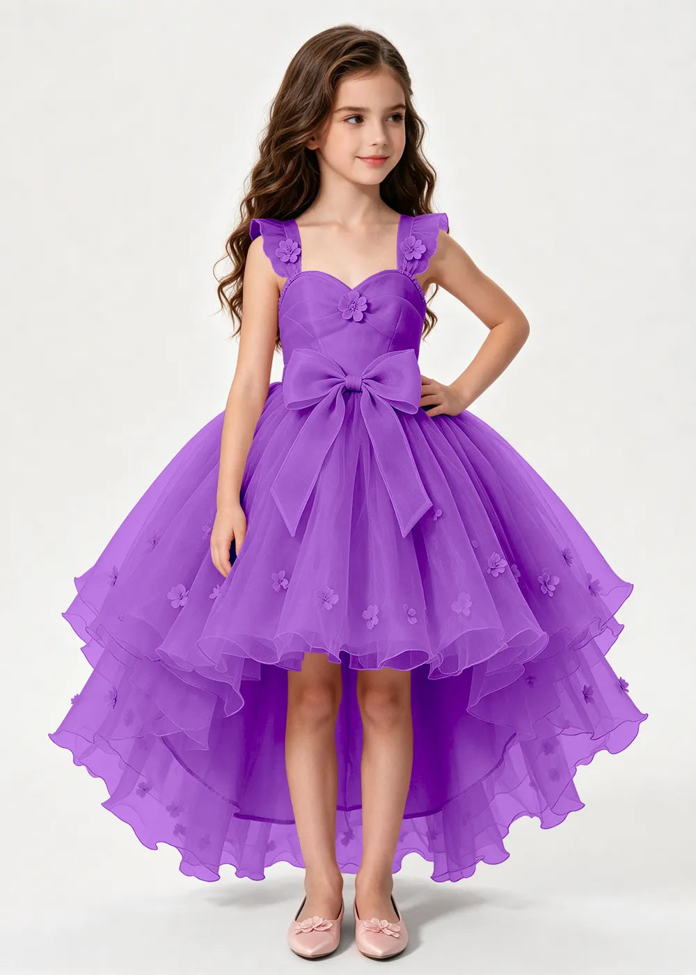 Navy High-Low Flower Girl Gown with Large Front Bow