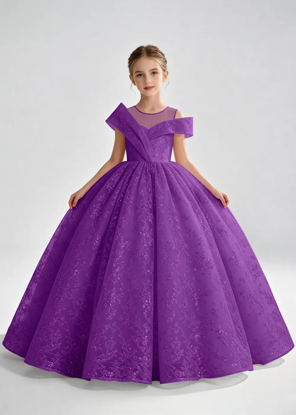 Navy Blue Illusion-Band Floral Flower Girl Dress