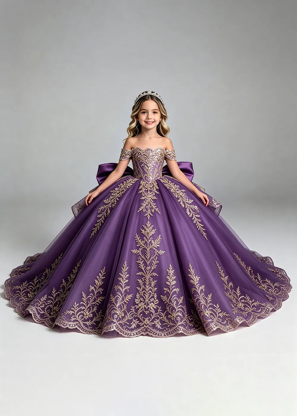 Off-Shoulder Lace Flower Girl Dress with Bow and Scalloped Hem