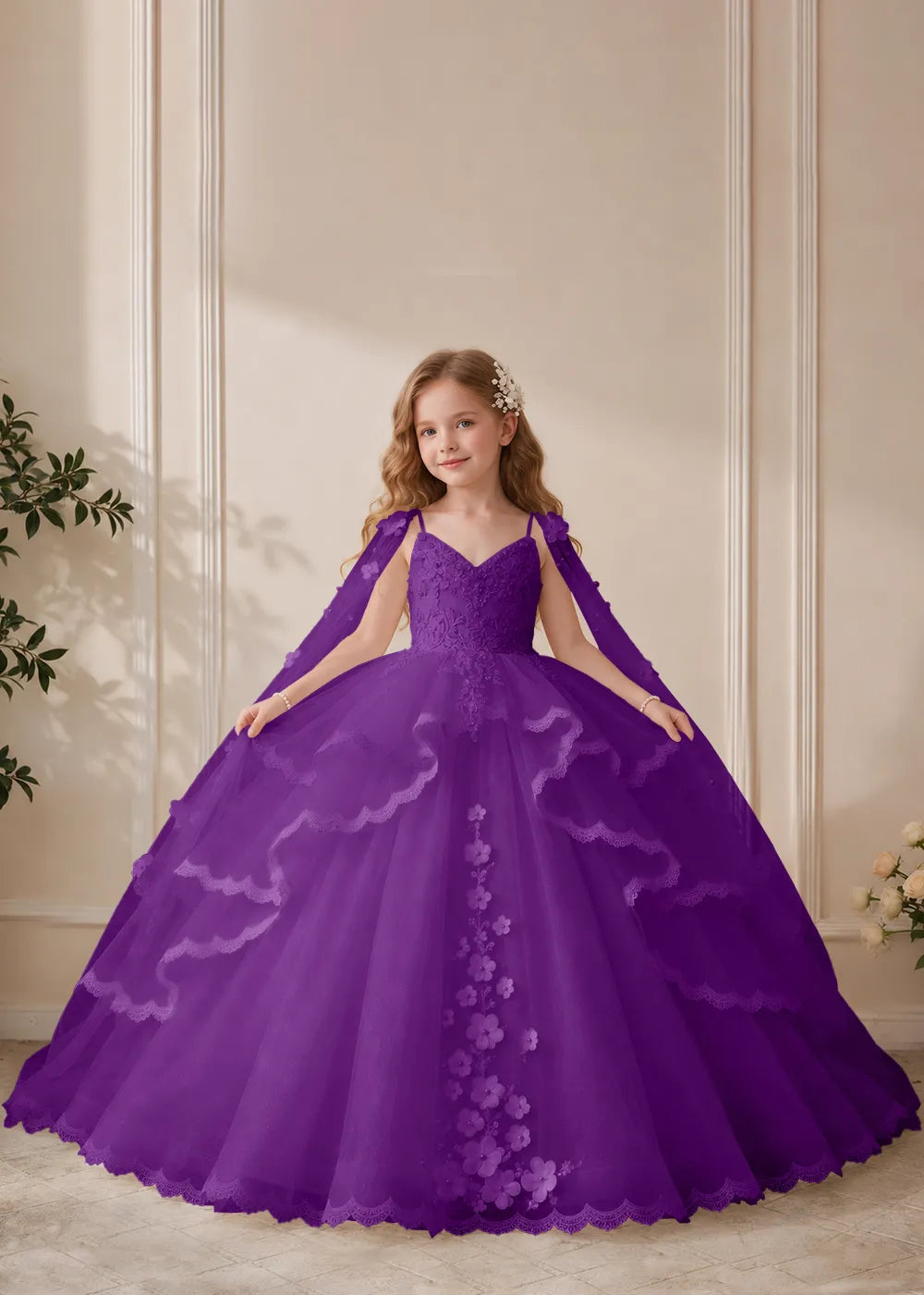 Dusty Rose Flower Girl Dress with Floral Lace and Shoulder Drapes