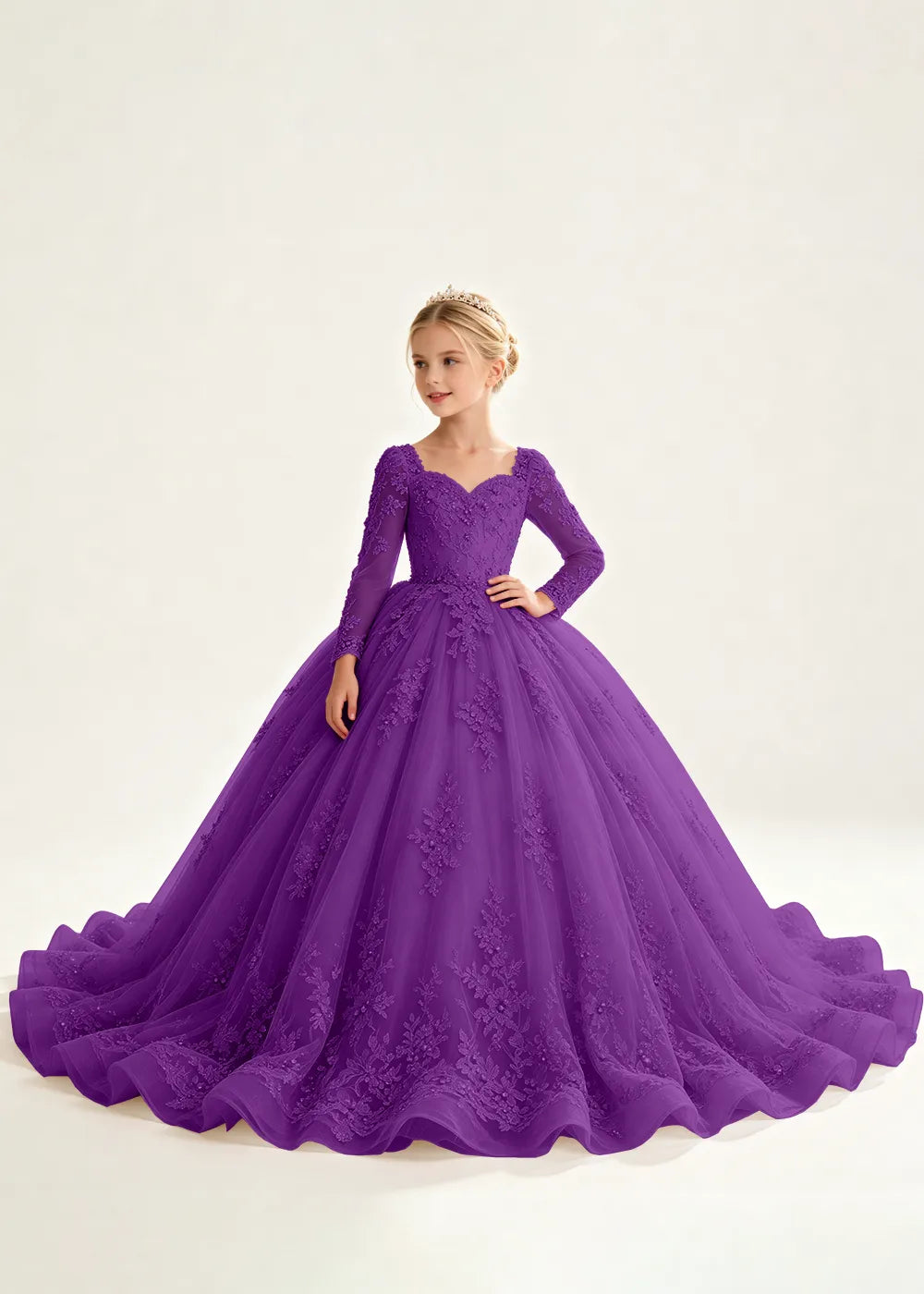 Navy Floral Flower Girl Gown with Long Sleeves