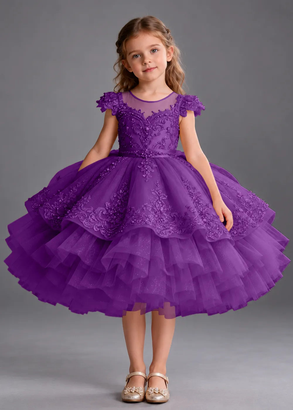 Navy Blue Flower Girl Dress with Beaded Lace and Short Ruffle Skirt