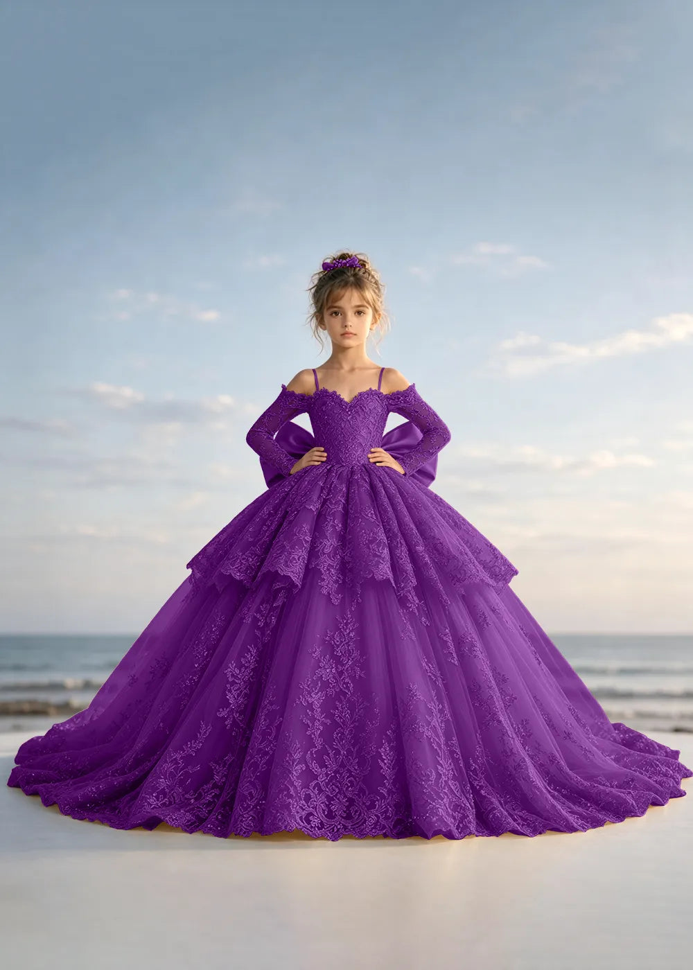 Navy Blue Lace Flower Girl Gown with Peplum and Trailing Satin Bow