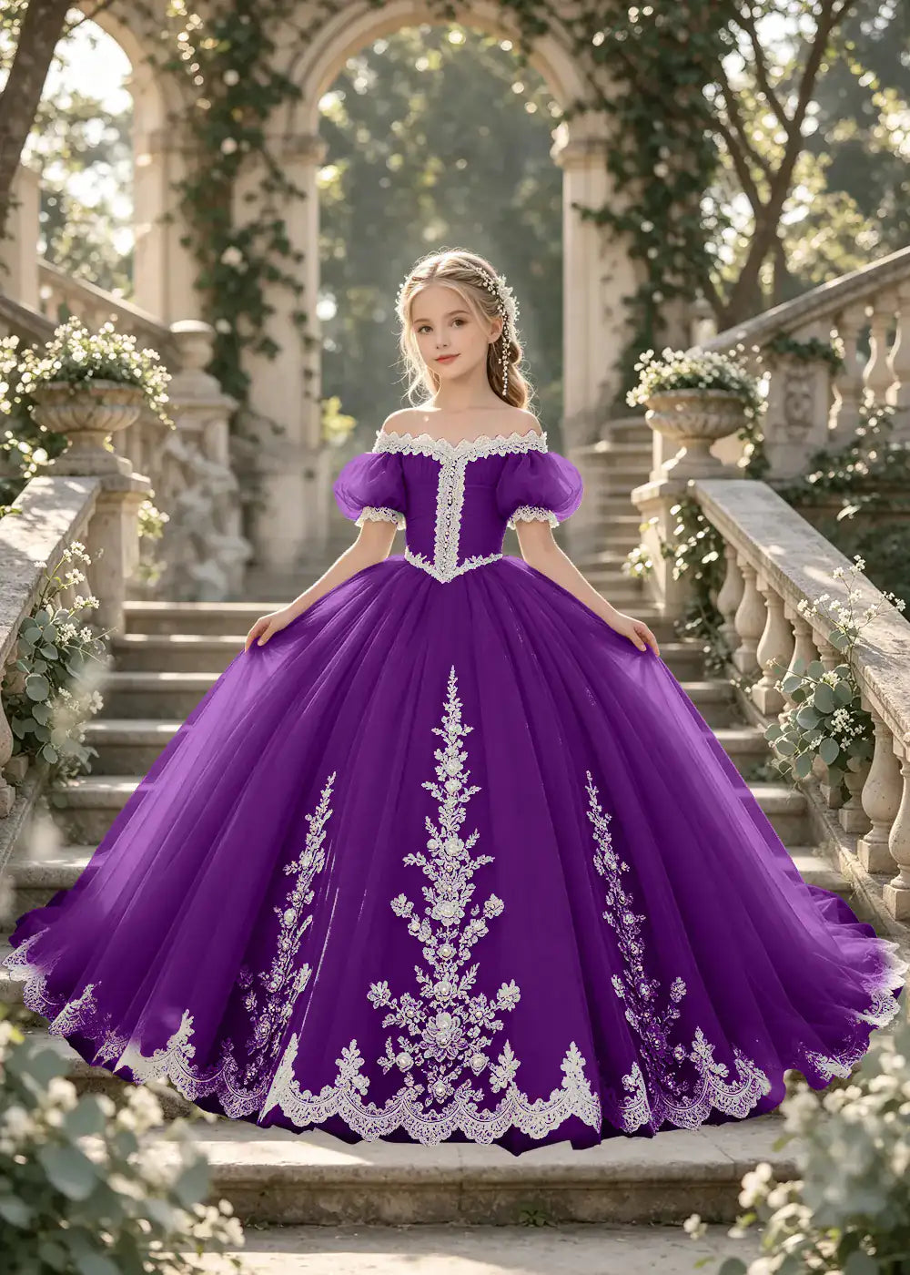 Flower girl dress in Purple, front view.