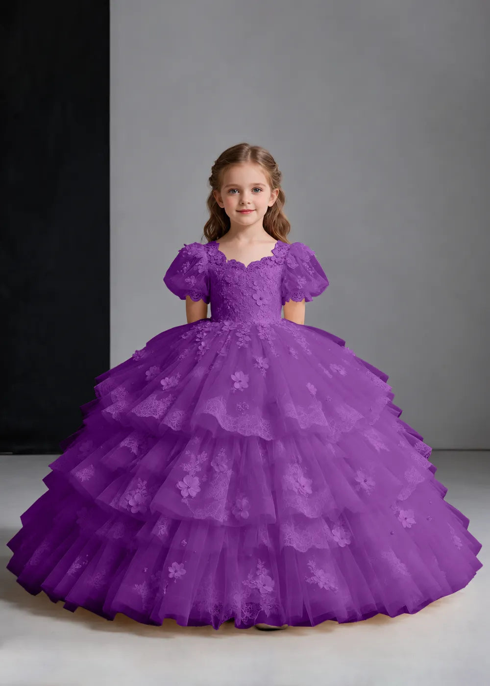 Flower girl dress in Purple, front view.