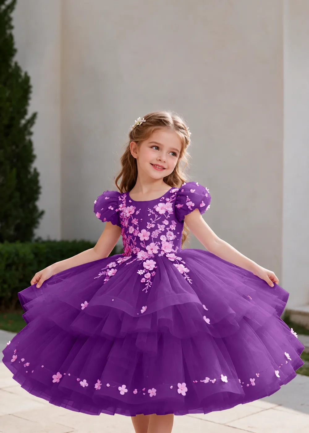Pink Flower Girl Dress with Floral Trails and Ruffled Hem