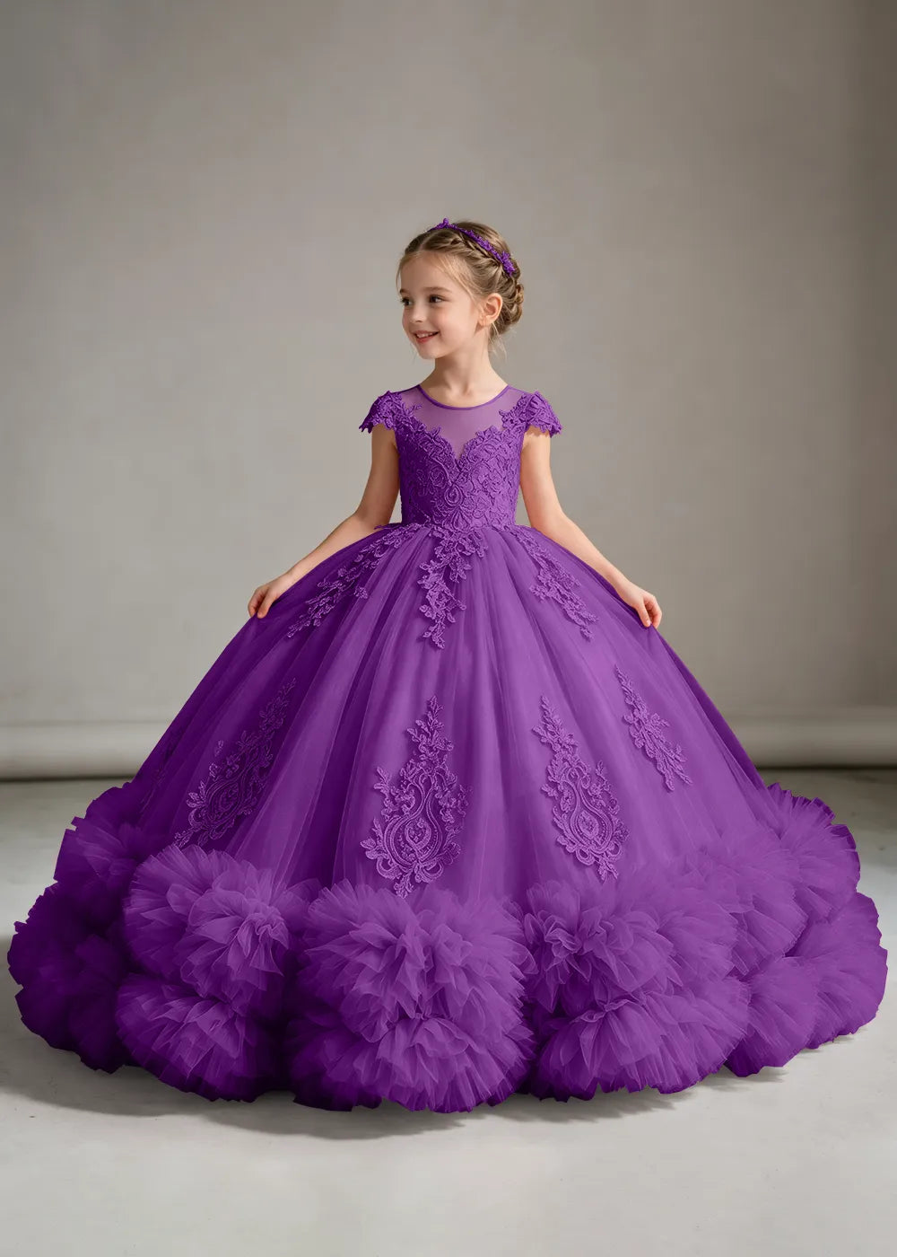Navy Flower Girl Ball Gown with Floral Bodice and Ruffle Hem