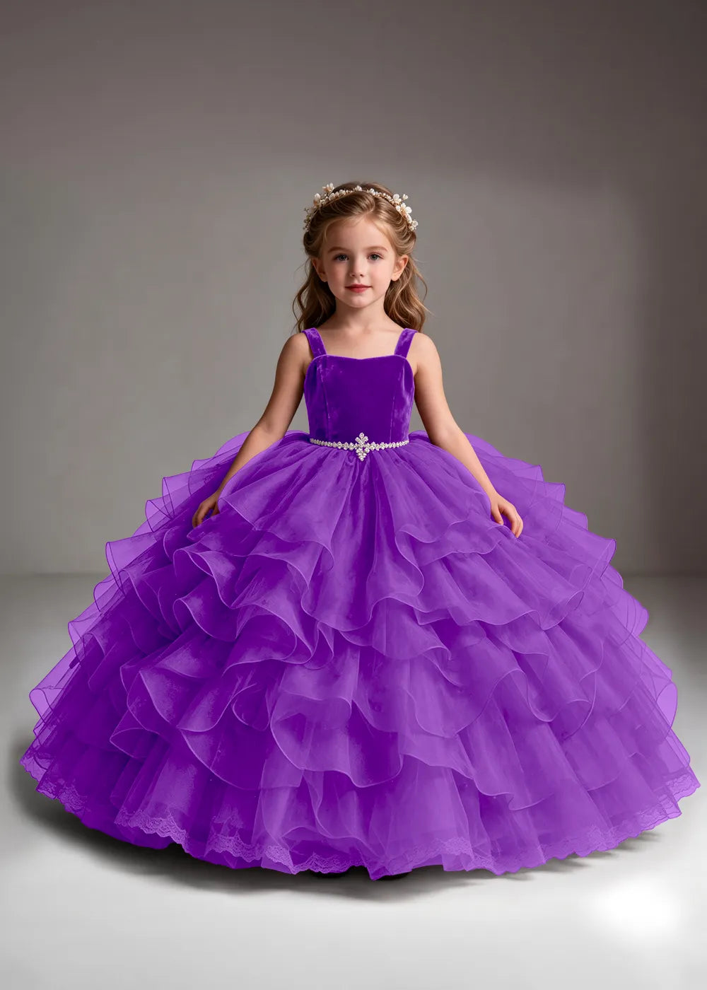 White Flower Girl Dress with Cascading Ruffles and a Square Neckline