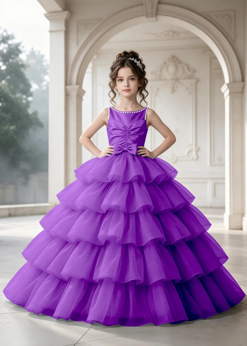 Flower girl dress in Purple, front view.