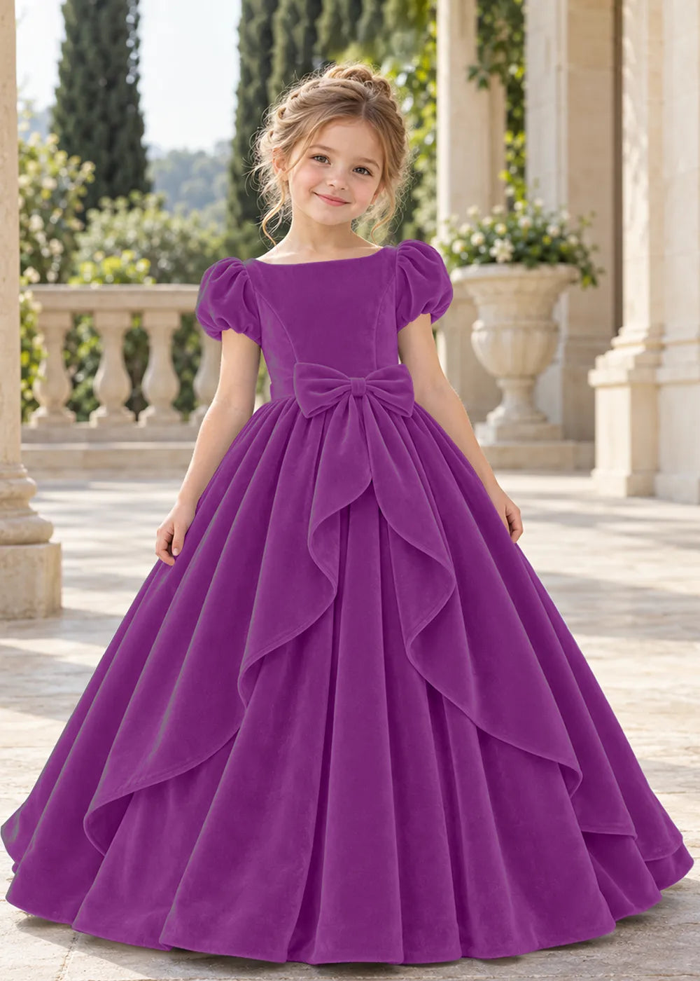 Front view of a child wearing a purple flower girl dress with a square neckline, short puff sleeves and a large velvet bow above a full tiered skirt.