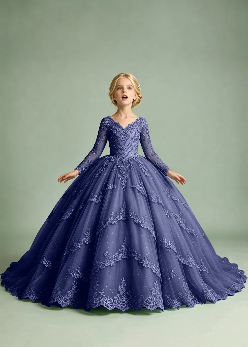 Long Sleeve Floral Lace Princess Dress for Girls
