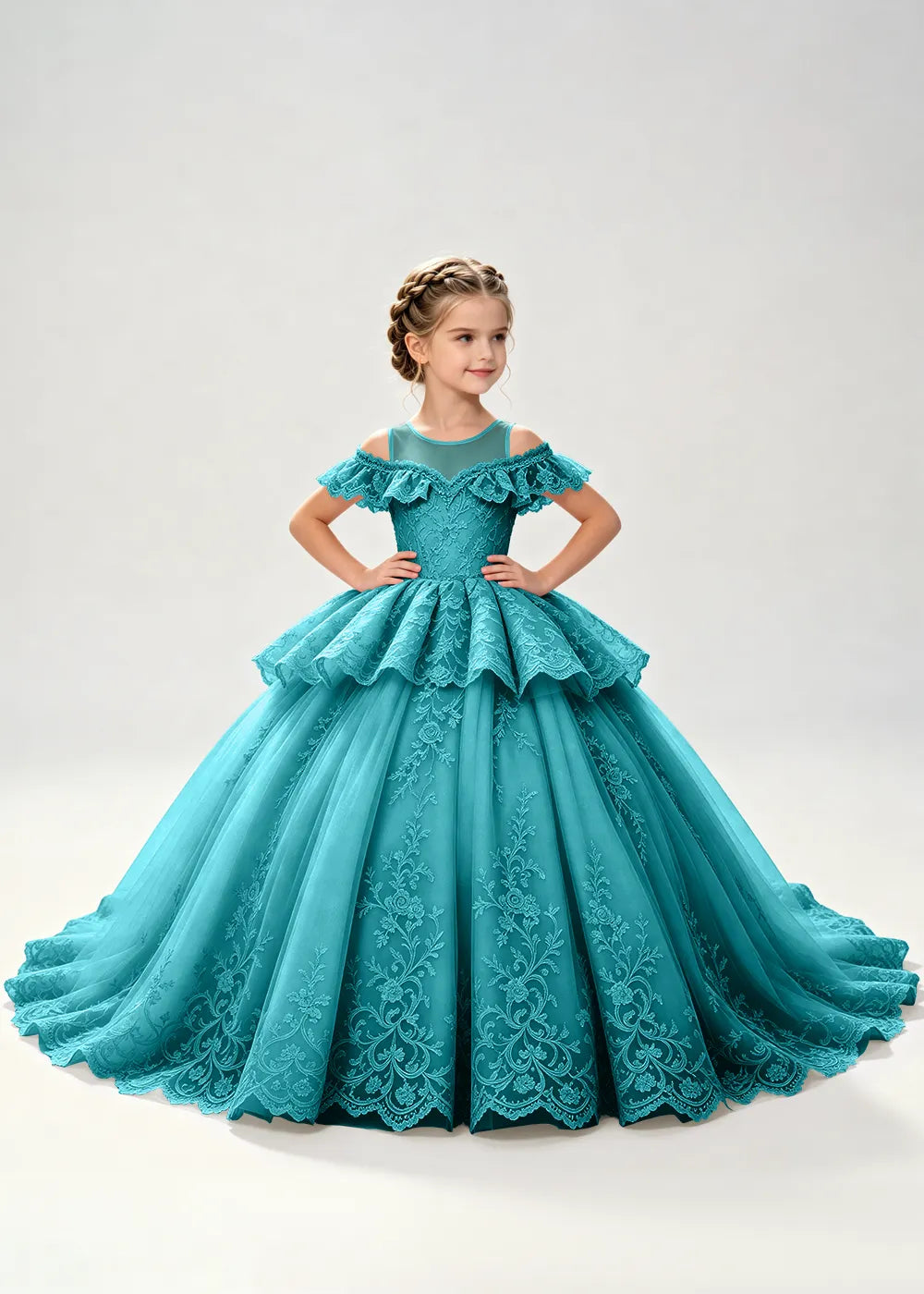 Illusion Neck Tiered Lace Flower Girl Ball Gown Dress
