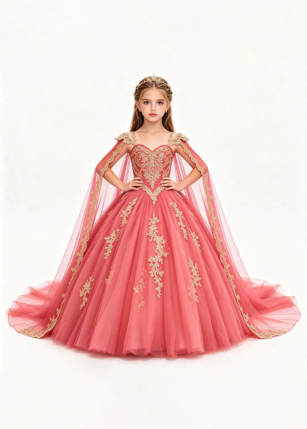 Gold Appliqué Cape Princess Dress for Girls
