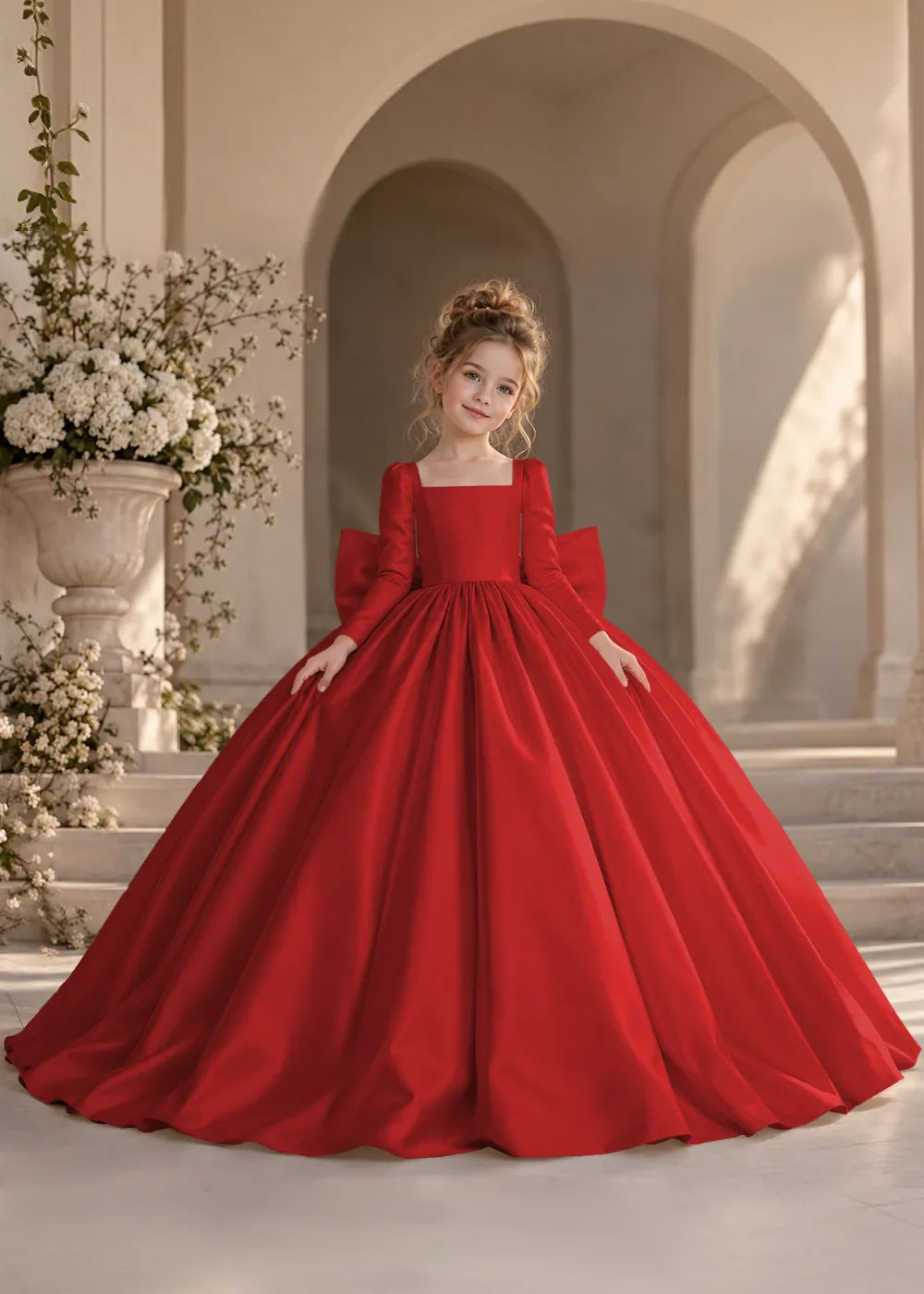 Ivory Long-Sleeve Flower Girl Dress with a Square Neckline and Bow