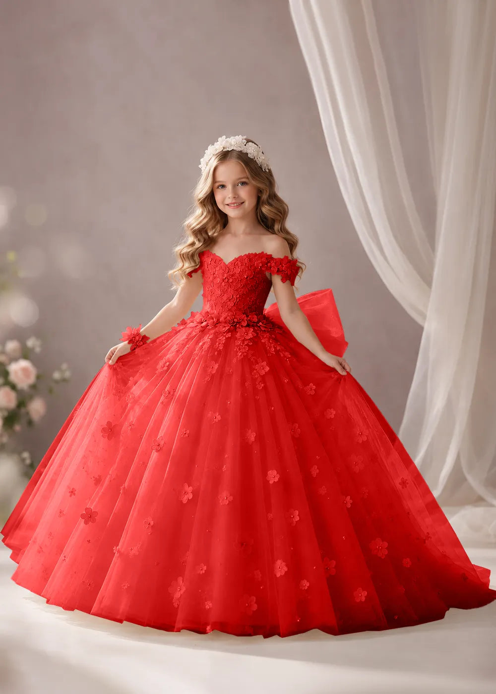 Ivory Flower Girl Dress with Off-Shoulder Florals and a Bow