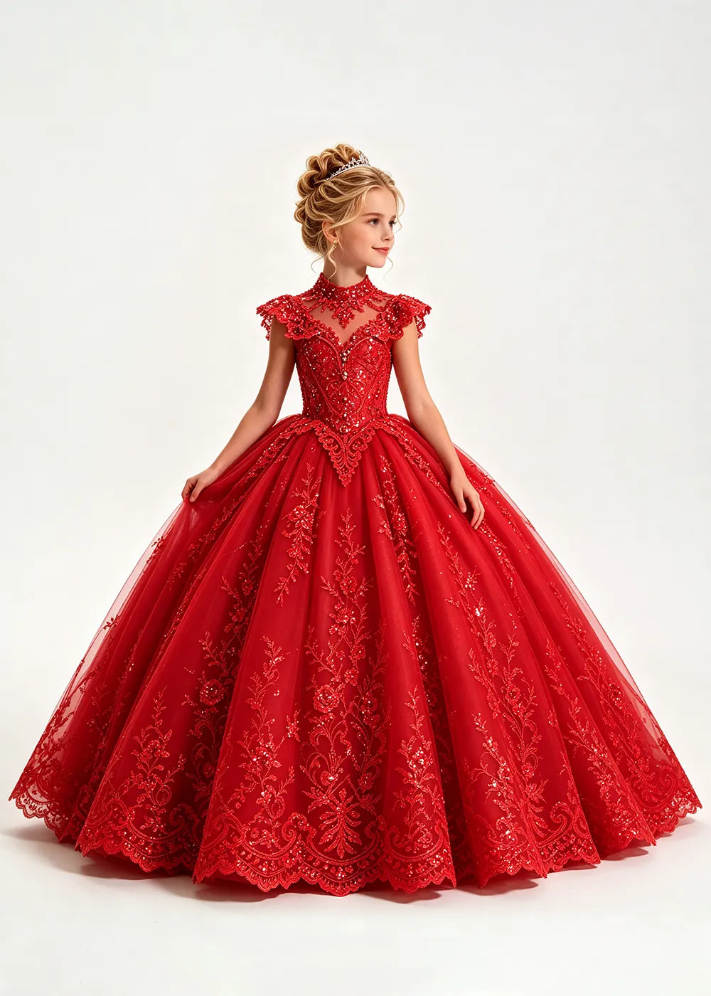 Navy Flower Girl Ball Gown with High Floral Collar