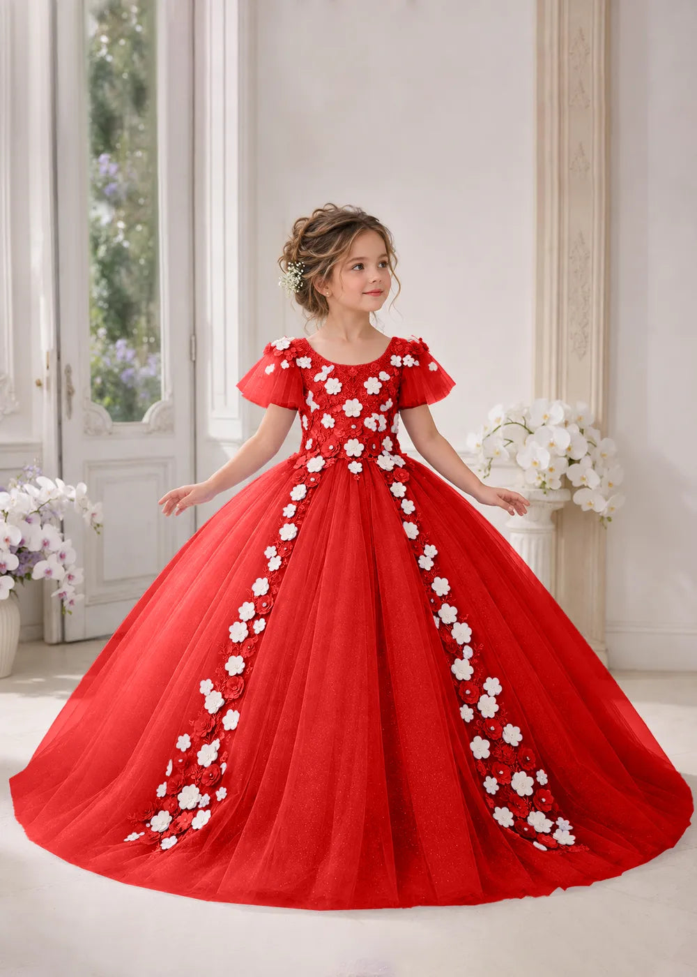 Front view of a child wearing a red flower girl dress with a round neckline, sheer flutter cap sleeves and a floral vine cascading down both sides of a full tulle skirt.