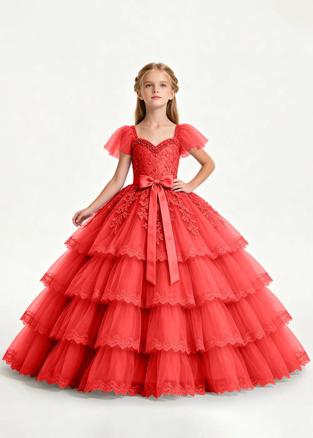 Navy Four-Tier Flower Girl Gown with Front Bow