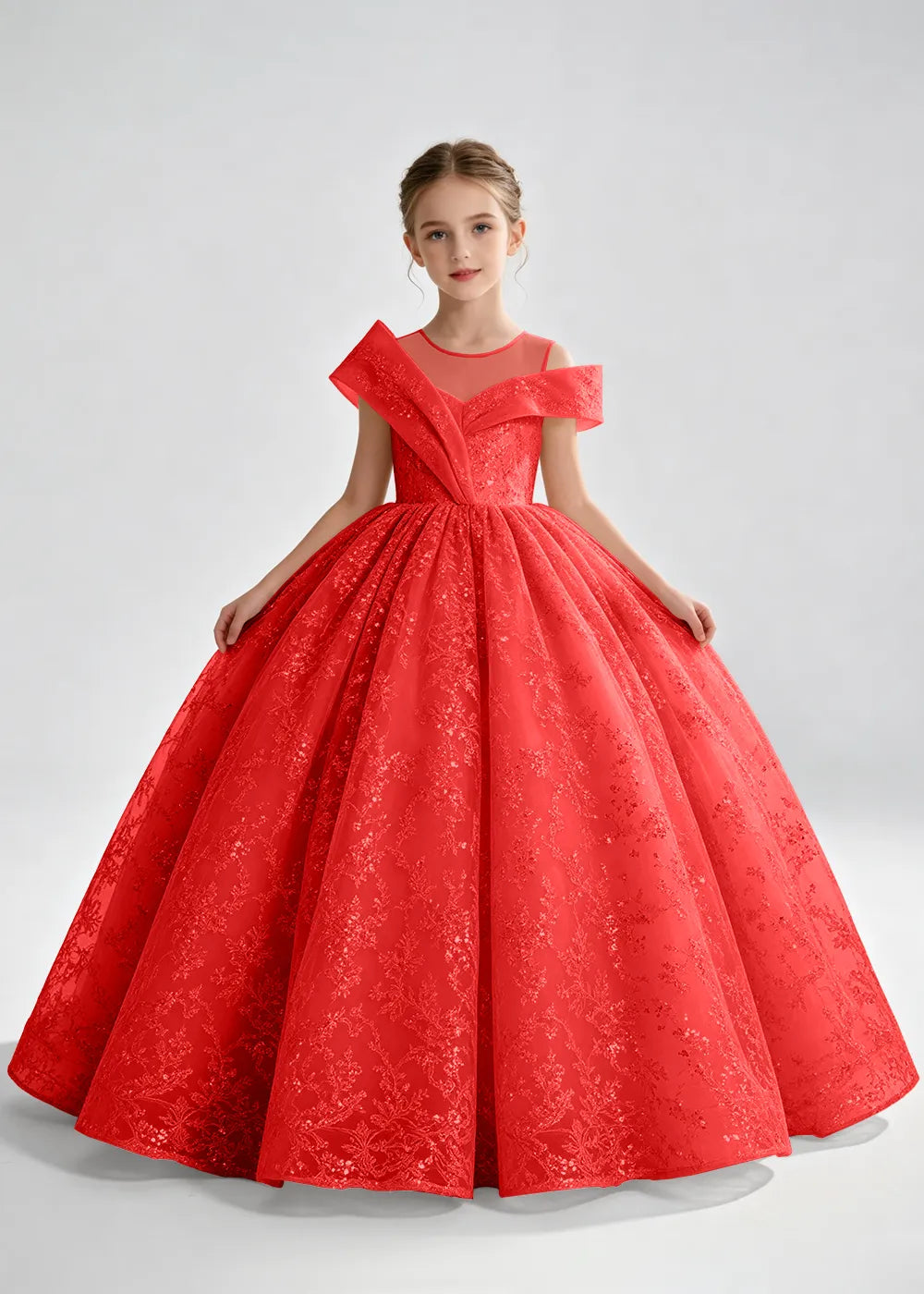 Navy Blue Illusion-Band Floral Flower Girl Dress