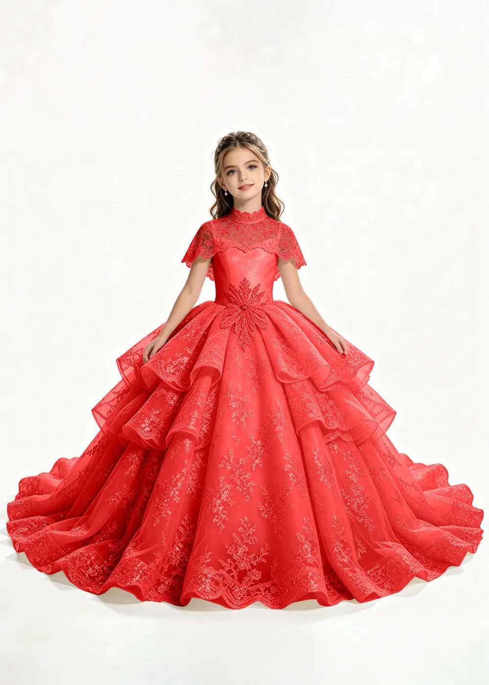 Flower girl dress in Red, front view.