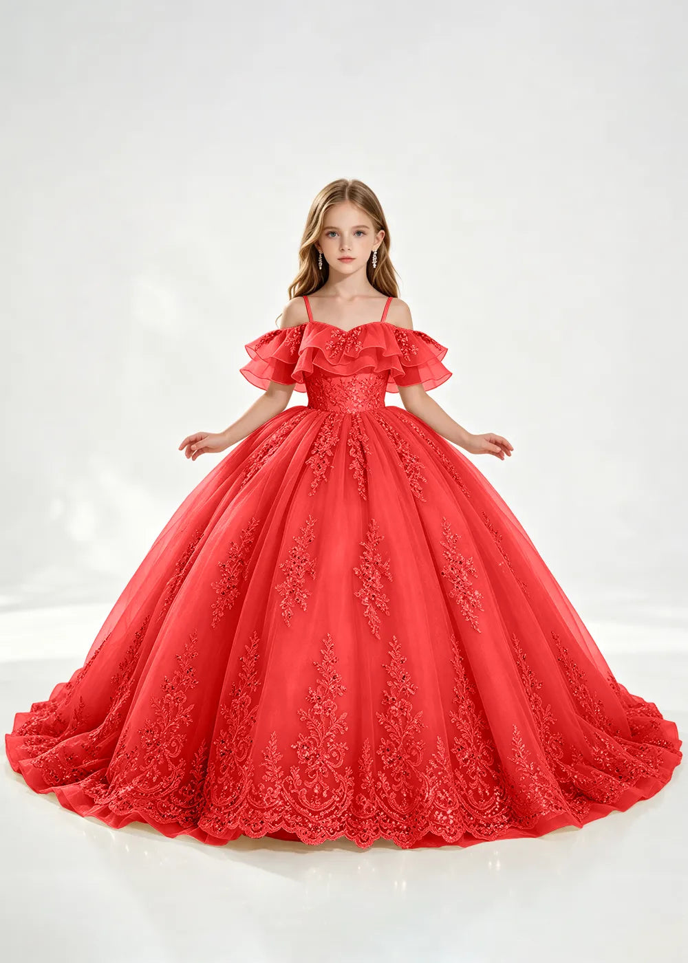 Slate Blue Off-Shoulder Lace-Hem Flower Girl Dress
